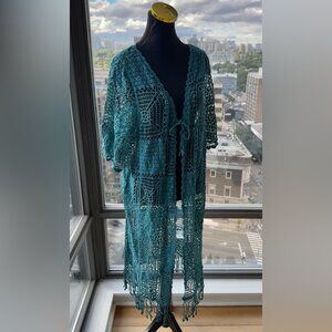 🆕 FARM Rio 🧿 NWOT Floral Crochet Tie Up Kimono, Teal - Sz M